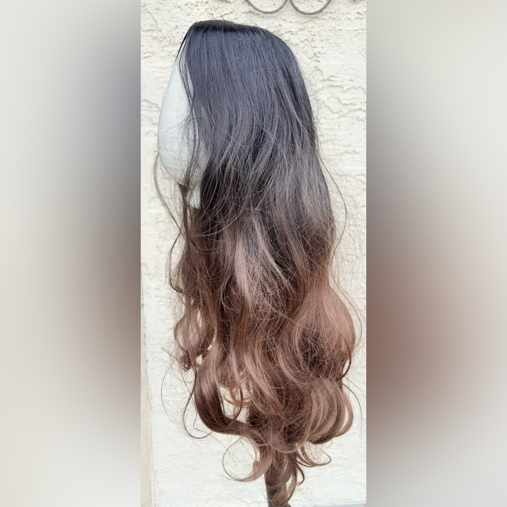 New 22” Long Wavy Curls Synthetic Hair Wig Dark Brown Light Brown Ombre Lace
